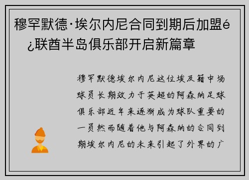 穆罕默德·埃尔内尼合同到期后加盟阿联酋半岛俱乐部开启新篇章 穆罕默德·埃尔内尼合同到期后加盟阿联酋半岛俱乐部开启新篇章